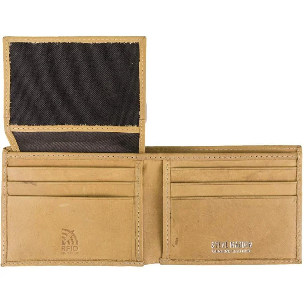 Men's Yellow Attached Flip Pockets Genuine Leather Wallet Card Extra Capacity